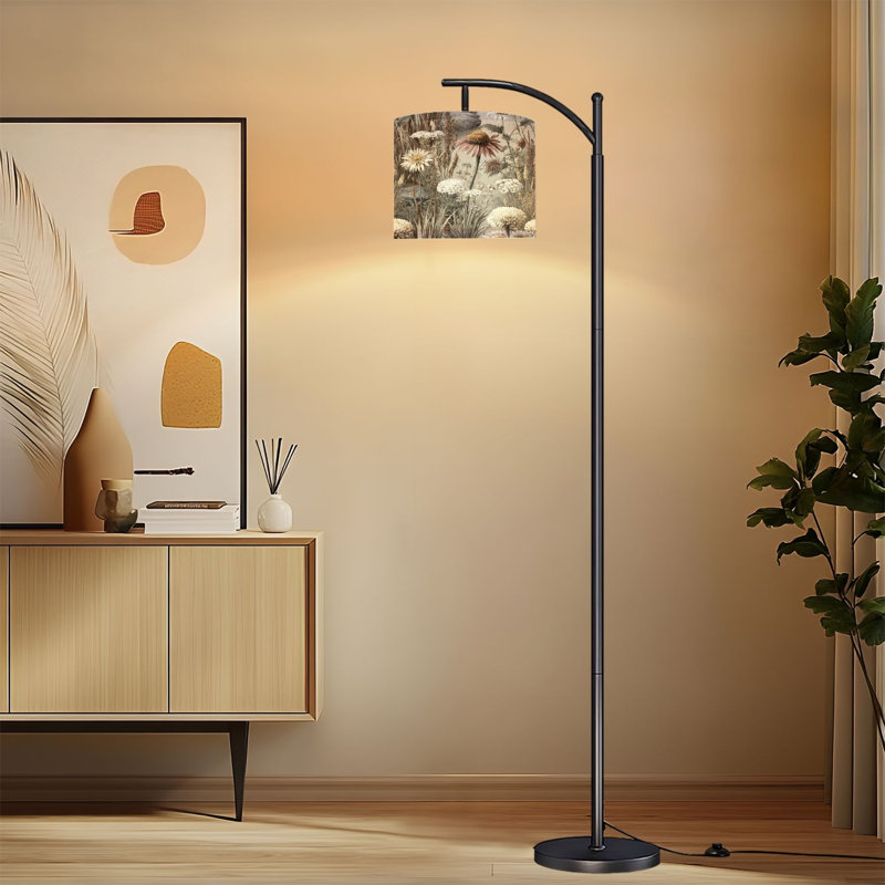 Arc Floor Lamp Vintage Botanical Standing Lamp with Adjustable Lampshade Remote LED  3 Color Temperatures Dimmable Tall Pole Lamp with Foot Switch for Bedroom