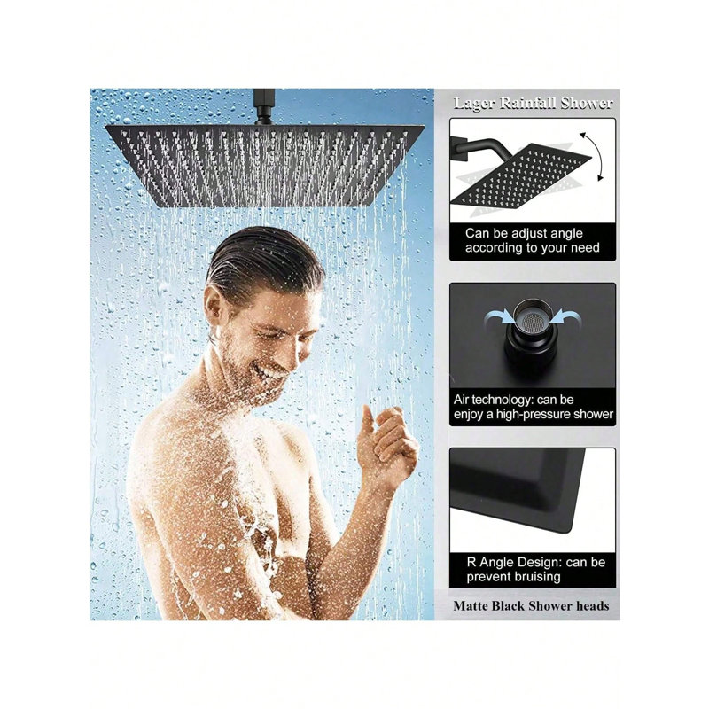 Matte Black Shower Head Combo Set, 10-Inch Square Overhead Shower Head & 3-Function Handheld Shower, with Zinc Alloy Angle-Adjustable Extension Arm, 60-Inch Extra-Long Hose, 3-Way Water Diverter, for Bathroom & Hotel