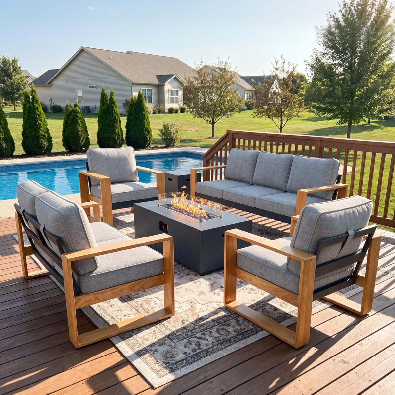  5 Pieces Aluminum Patio Furniture Set With Fire Pit Table, Oversized Seat With Hight Back Outdoor Conversation Sets