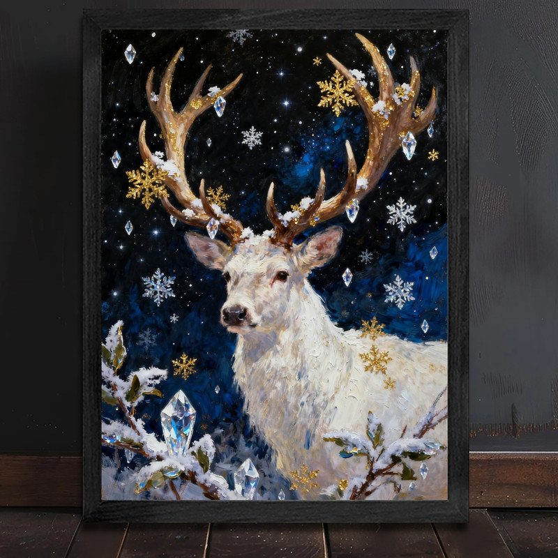 Cadre noir, art de Noël enneigé, hiver, cerf enneigé, impression murale décorative festive, H 17 po x l 13 po