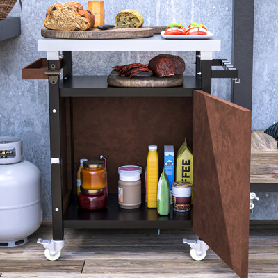 Chariot extérieur pour barbecue avec plateau imperméable - Roues de service mobiles et crochets de rangement pour table en acier inoxydable