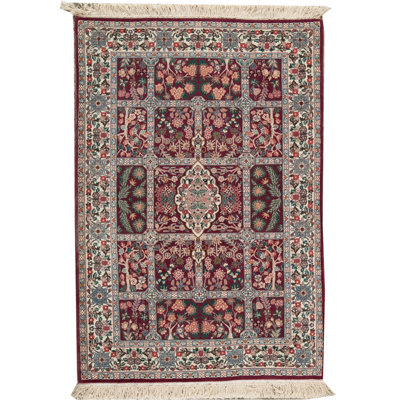 Tapis vert, rouge et crème noué à la main de haute qualité