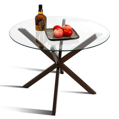 Table de salle à manger ronde en verre de style moderne Mid-Century avec pieds en métal massif Wrought Studio ™ 35,5 po