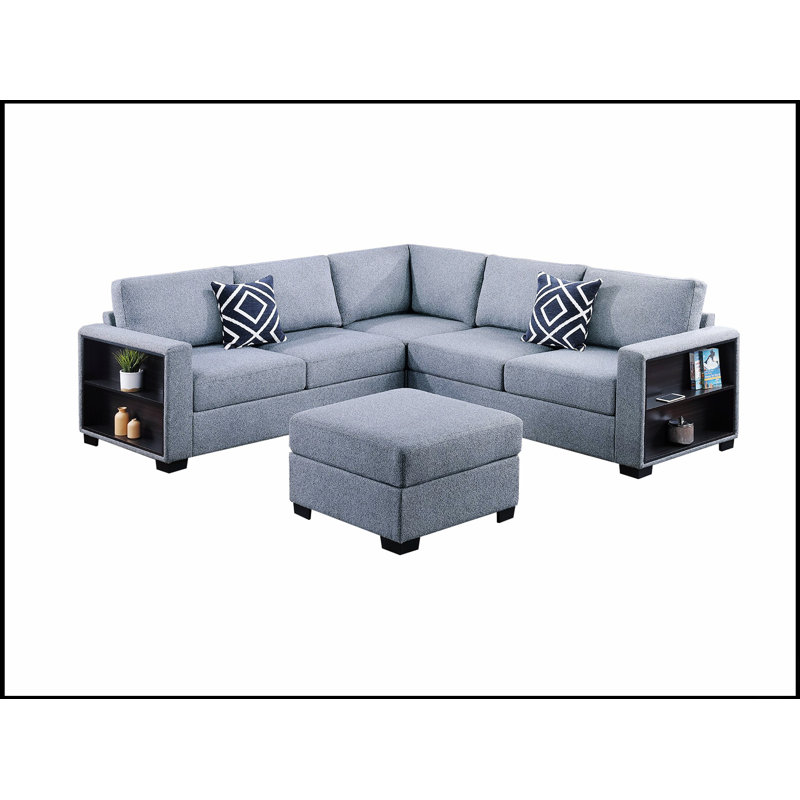 Contemporary Functional Sectional Sofa 4Pc Set With Built-In Shelves, L-Shaped Design, Ottoman, And Modular Flexibility For Modern Living Spaces.
