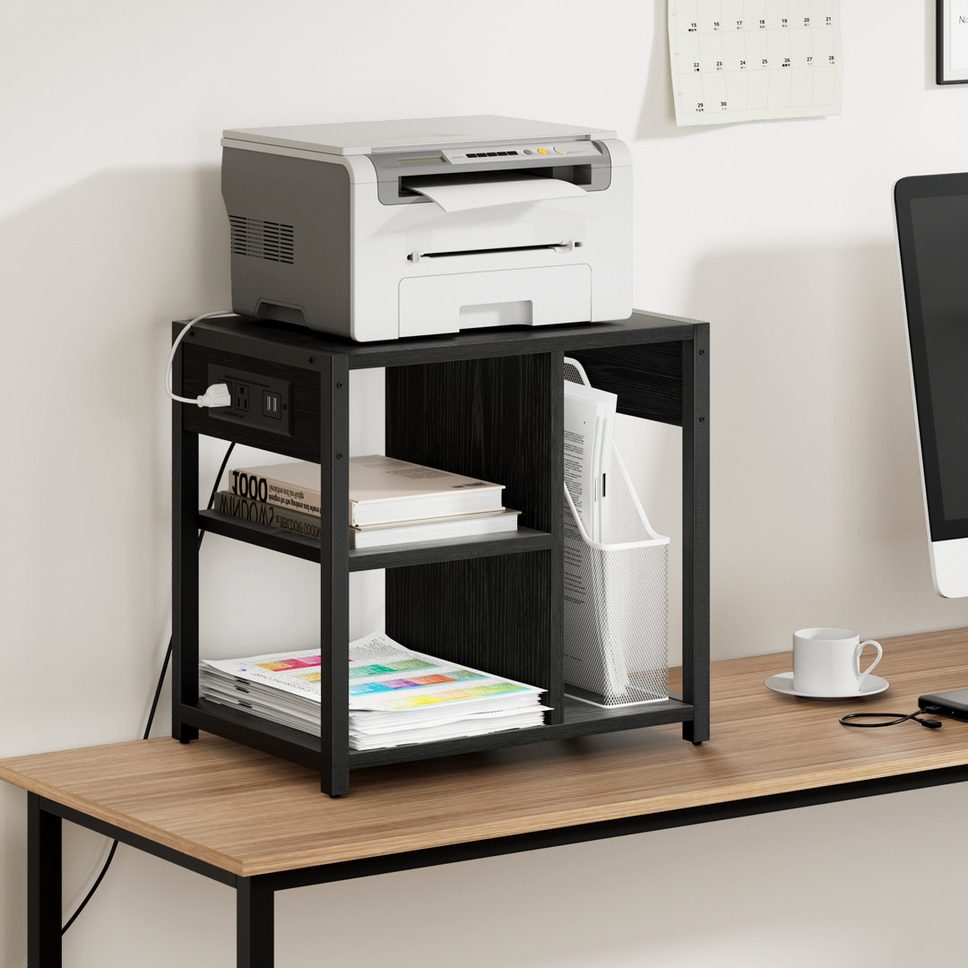 3-Tier Rolling Printer Stand with Power Outlets & USB Ports – Mobile Printer Cart with Storage Shelf & Lockable Wheels, Under-Desk Table for Home Offi