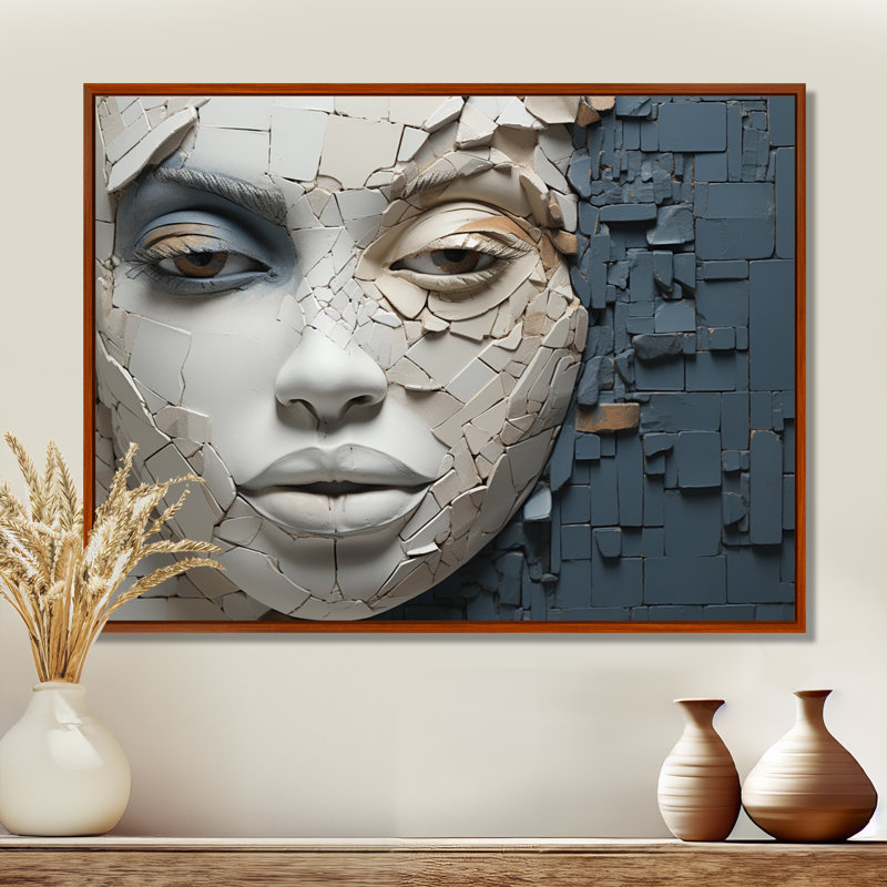 «Blue and beige», femme africaine, collage - art africain, décoration murale, H 12 po x l 20 po x P 1 po, Cadre flottant brun