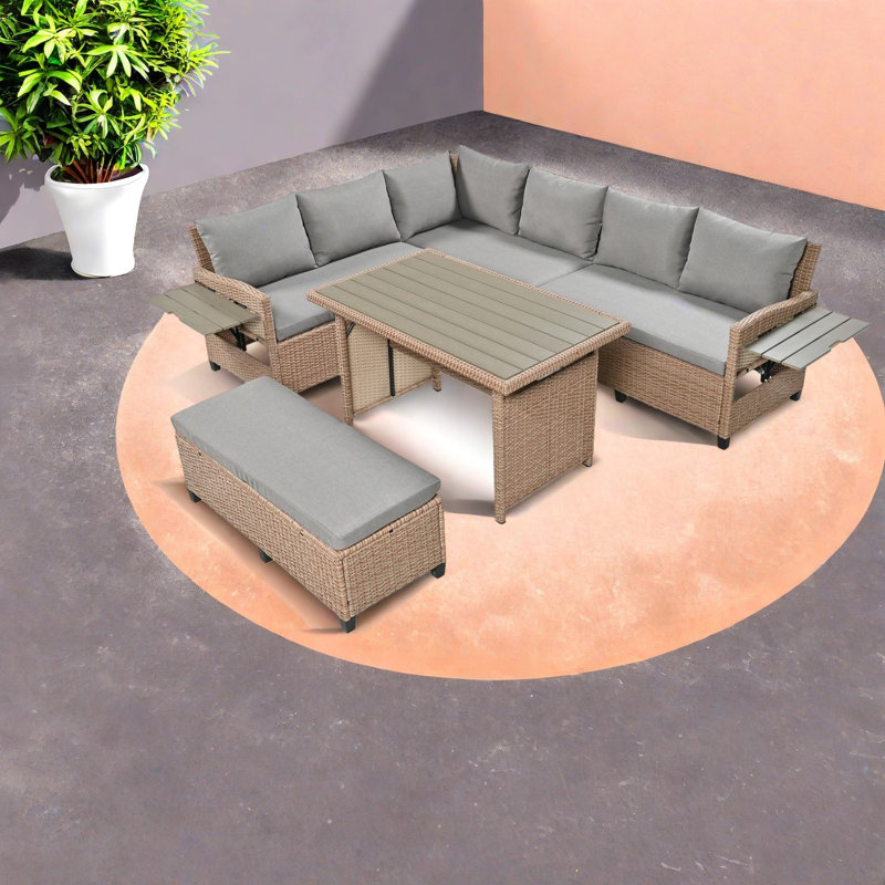 Ensemble de salle à manger de patio en rotin durable, conception moderne extensible pour l'extérieur