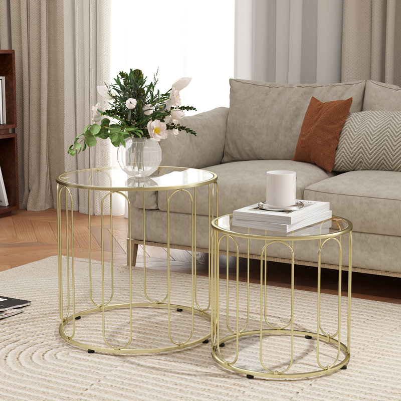 Alazhia Round Coffee Table Set of 2 Glass Nest of Tables Gold Tone
