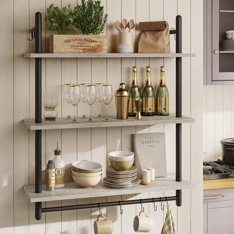 Floating Shelves Wall Mounted, 3 Tier 31.5" Industrial Pipe Shelf with Towel Bar Hooks, Grey/Black