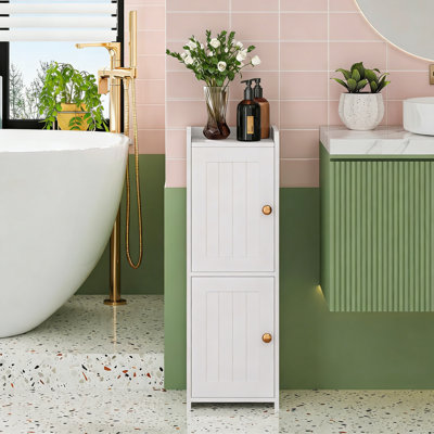 Narrow Small Bathroom Cabinet With 2 Doors & Adjustable Shelf, White