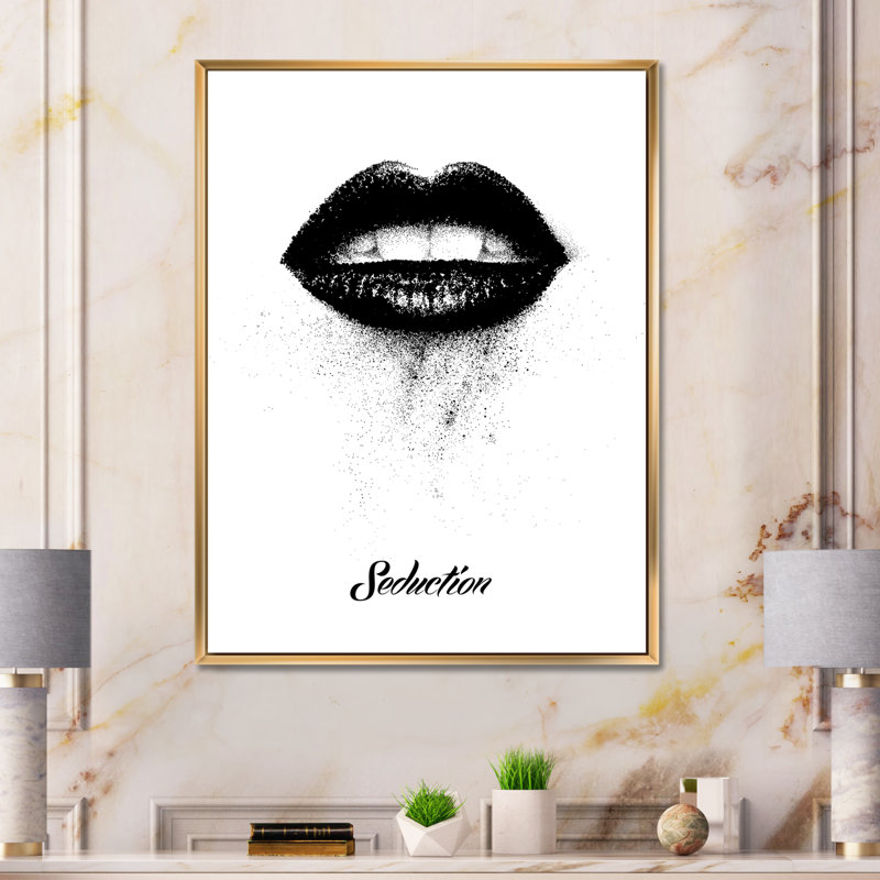 Lèvres monochromes noires - Impression sur toile, Encadrement doré, H 20 po x l 12 po x P 1po