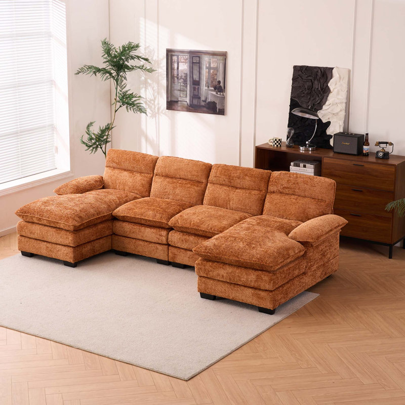 Canapé modulaire en U avec 2 sièges simples et 2 méridiennes, Polyester orange
