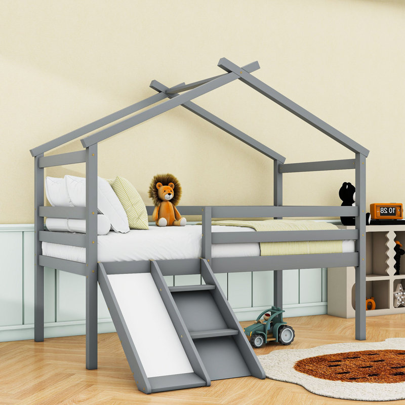 Lit simple mezzanine bas avec glissade, Gris