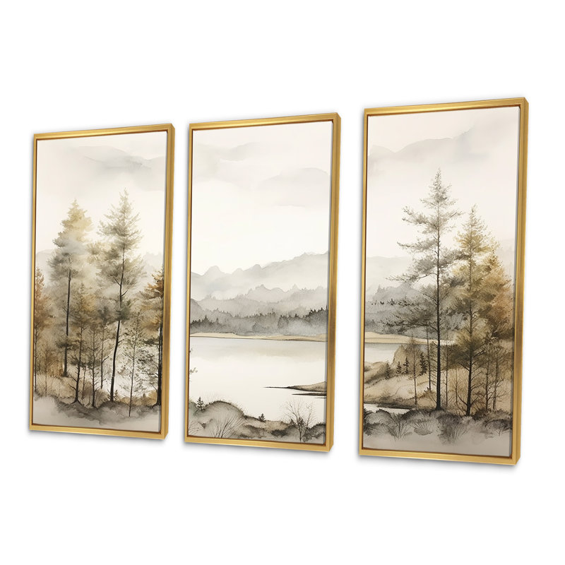 Paysage scandinave moderne Silence III - Ensemble de décorations murales scandinaves modernes, Cadre flottant doré