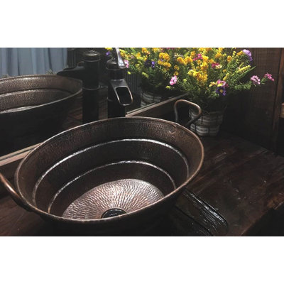 Lavabo vasque ovale en cuivre martelé 16 "avec poignées