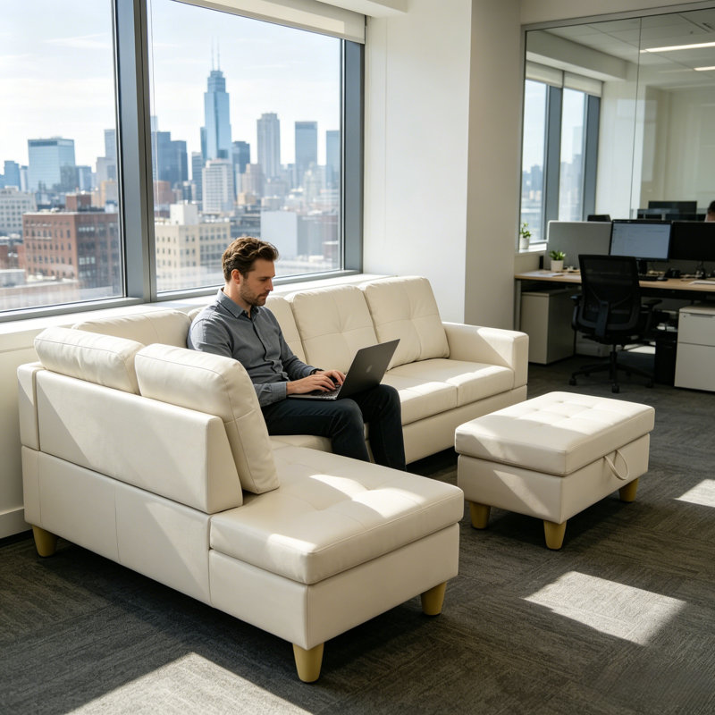 Faux Leather L Shaped Couch Living Room Left Hand Facing Sofa Set with ottoman, Left Hand Facing, Cream