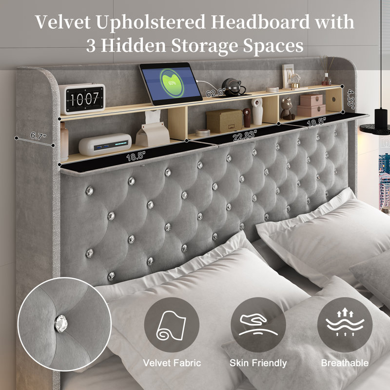 LED Bed Frame with 52" Crystal Button Tufted Upholstered Headboard, Galaxy Projector & Charging Station, Queen, Grey