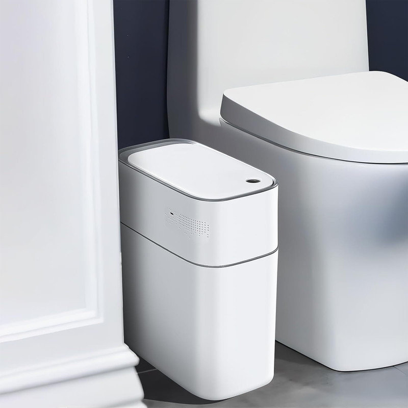 White Plastic Touchless Motion Sensor Trash Can, 3.8 Gallons