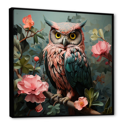 Bleu et rose, hiboux, regard, forêt florale II - hibou, art mural