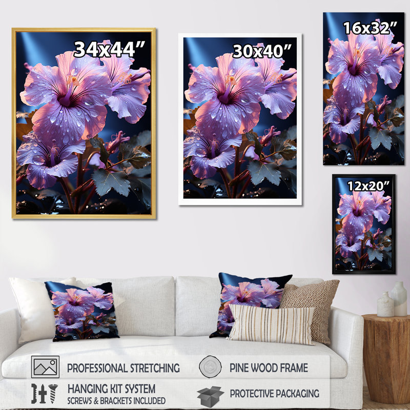 Hibiscus mauve moderne, reproduction d'art sur toile encadrée, Toile tendue, H 32 po x l 24 po x P 1 po