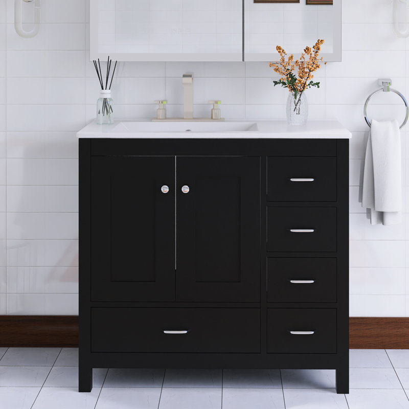 Meuble-lavabo simple autoportant 36 po avec plateau intégré en céramique blanche 36 po, Noir