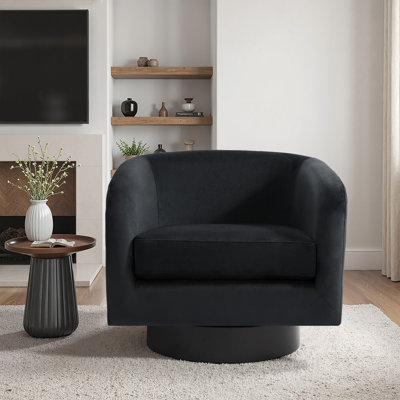 Everett Applewold Upholstered Velvet Swivel Barrel Chair with Solid Wood Base by Mercer41