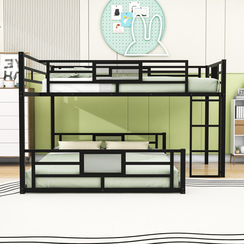 Annlynn Metal Twin Over Full Bunk Bed Frame With Safety Guard Rails, Black