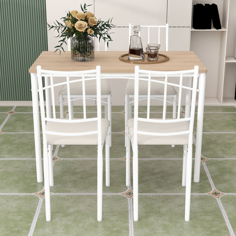 Ensemble de table de salle à manger 5 pièces avec 4 chaises rembourrées, Blanc naturel, Blanc, Blanc naturel / blanc