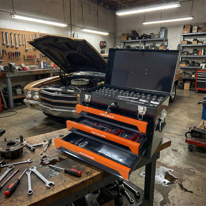 Boîte à outils 20 po à 3 tiroirs en acier, 4 couches d'outils avec loquets en métal, avec plateau de rangement supérieur et poignée de transport, rangement d'outils multifonction pour le garage, la maison ou l'établi, noir et orange