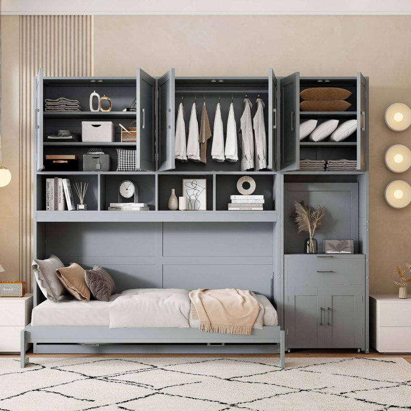 Lit escamotable simple avec placard, tiroirs de rangement et bureau, Grey