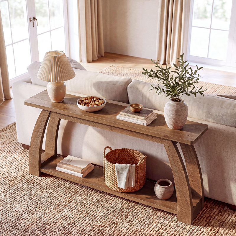 Console en bois massif de 160 cm, table d'entrée de style champêtre avec rangement ouvert à 2 niveaux