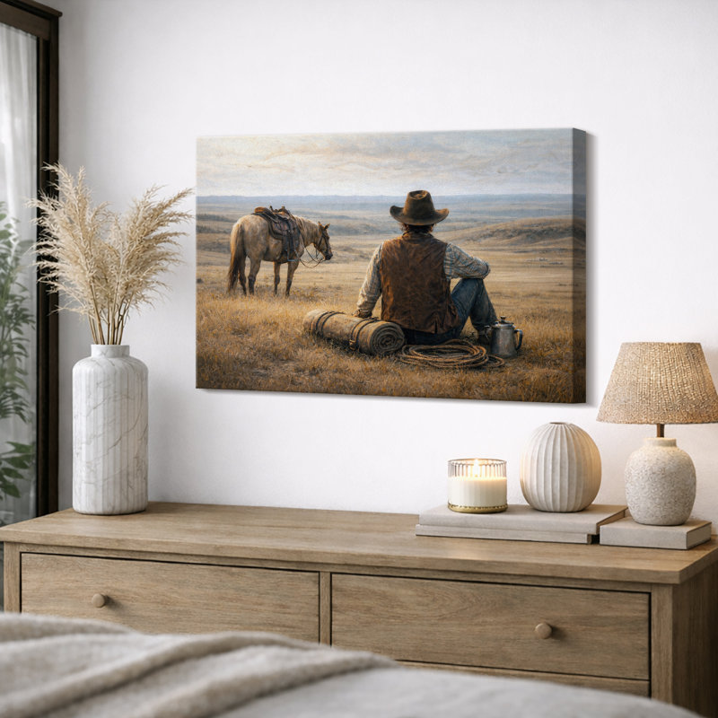 Cowboy et cheval, Toile tendue, H 12 po x l 18 po x P 1,5 po