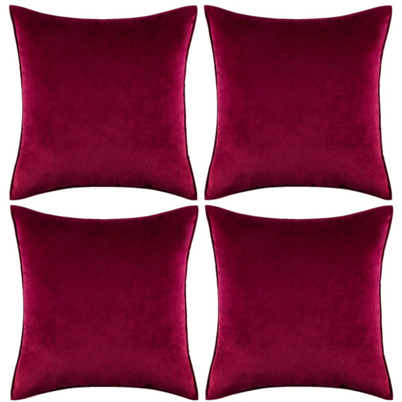 Set Of 4 Throw Velvet Cushion Covers, Wine Red, 16"H x 16"W