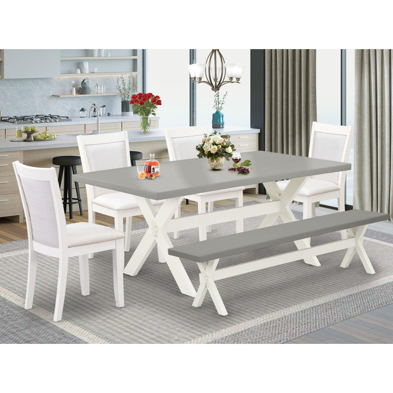 Ensemble de table de salle à manger 7 pièces composé d'une table de salle à manger rectangulaire avec pieds en X et 6 chaises Parsons en tissu Shitake, finition noire brossée