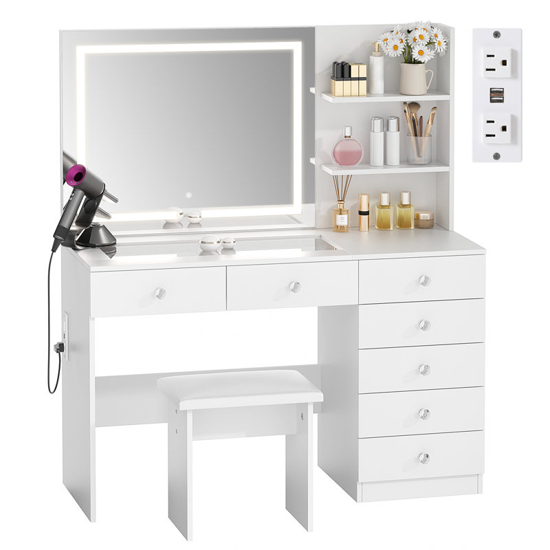 Ensemble de coiffeuse avec plateau en verre et miroir lumineux, Blanc