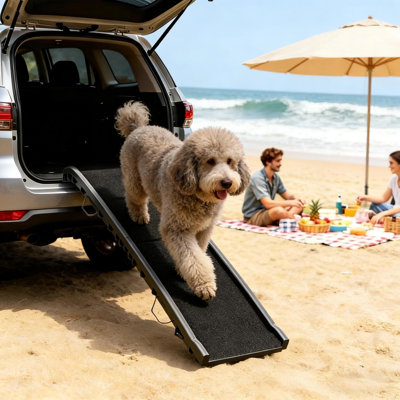 Foldable Dog Car Ramp, 61 Inch Gentle Slope Pet Ramp with Raised Guardrails, Non-Slip Frosted Surface PP Ramp for SUV and High Bed, Supports Up to 198 Lbs for Senior and Short-Legged Dogs