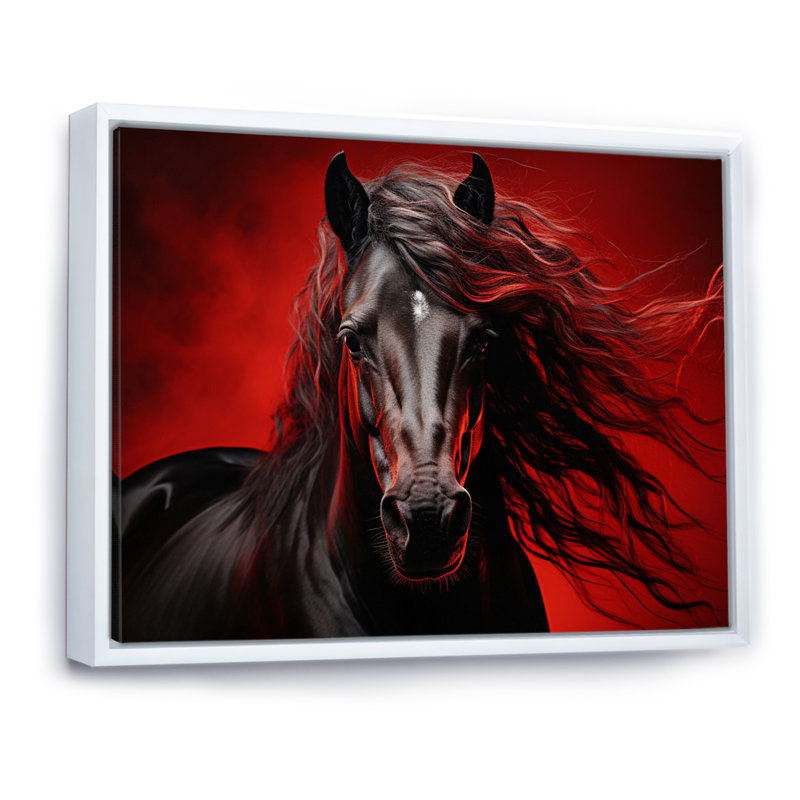 Red Black Horse Vibrant Red Equine II - Animals Wall Art Prints, H 16 po x l 32 po x P 1 po, Cadre flottant blanc