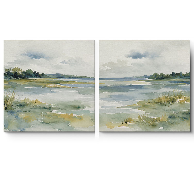 «Soft Coastal Landscape With Calm Water Marsh Grass And Airy Sky», ensemble de 2 reproductions d'art sur toile encadrées