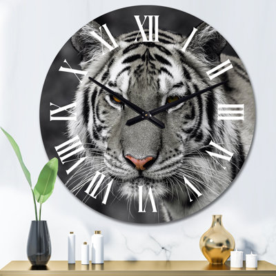 Portrait monochrome d'un tigre blanc III - Horloge murale traditionnelle