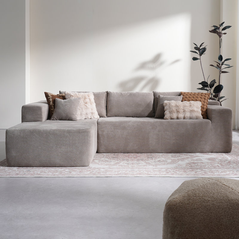 No Assembly Required Compression Packed 2 - Piece Corduroy Fabric Sofa, Beige Corduroy, Left Hand Facing