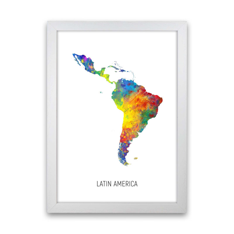Latin America Watercolour Map by Michael Tompsett - Print, 88cm H x 64cm W x 3cm D, White Framed