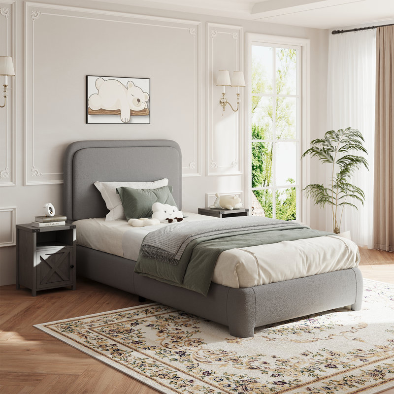Ensemble de lit plateforme tapissier 3 pièces Bensu Boucle, Gris, Simple