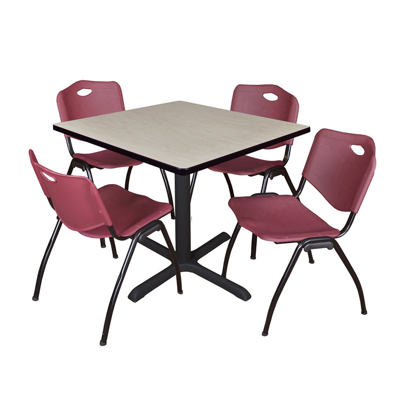 Cain Square X-Base Breakroom Table & 4 M Stack Chairs, Blue, 29" H x 42" W 42" D, Cherry