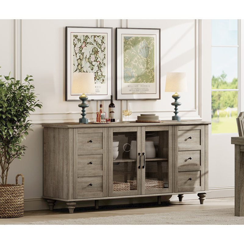 Scarlett 58" Wide Glass Door Sideboard with Adjustable Shelves, Gray