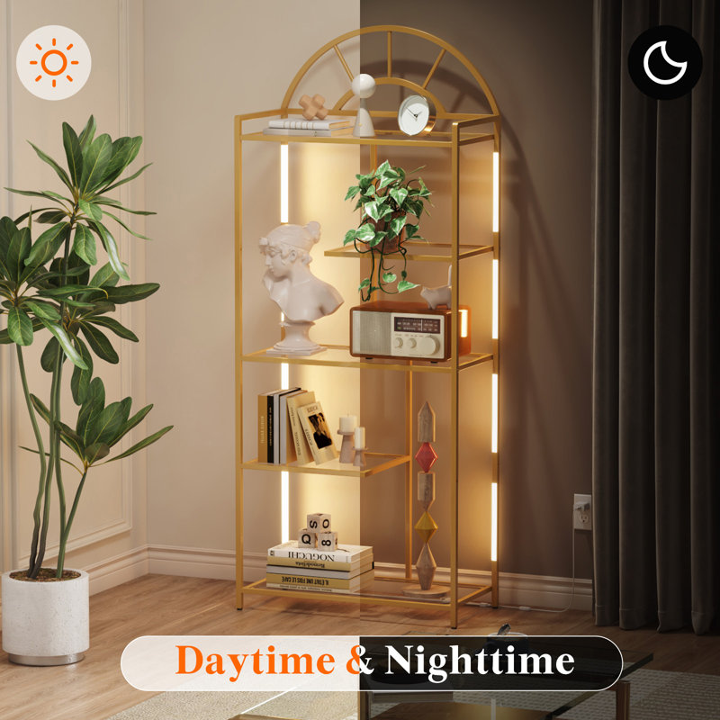 Arched Geometric Led Display Shelf With Adjustable Colour Temperature And Brightness Control, Etagere Bookshelf With Metal Frame And Glass Shelf For Living Room, Bedroom, Curio Cabinet, Gold