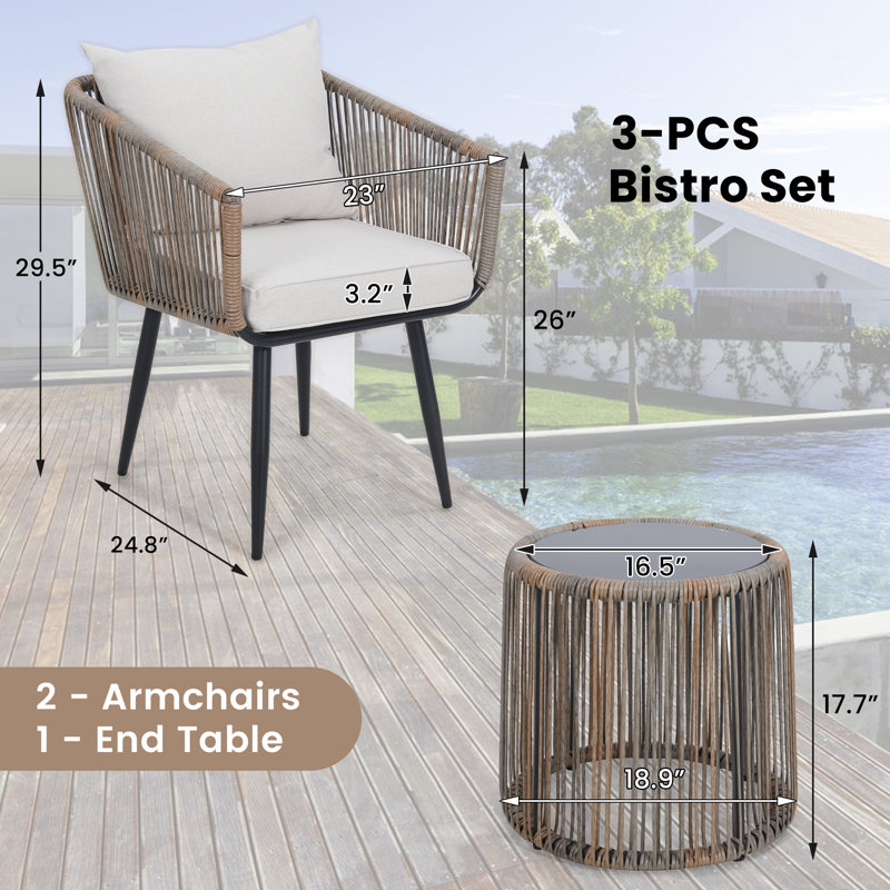 3 Pieces Patio Rattan Bistro Conversation Set, Outdoor All-Weather Wicker Furniture, Beige, White Cushion/Beige Frame