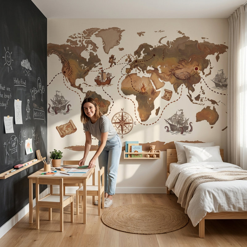 Papier peint carte du monde nautique, 100 po x 96 po, Peler et coller