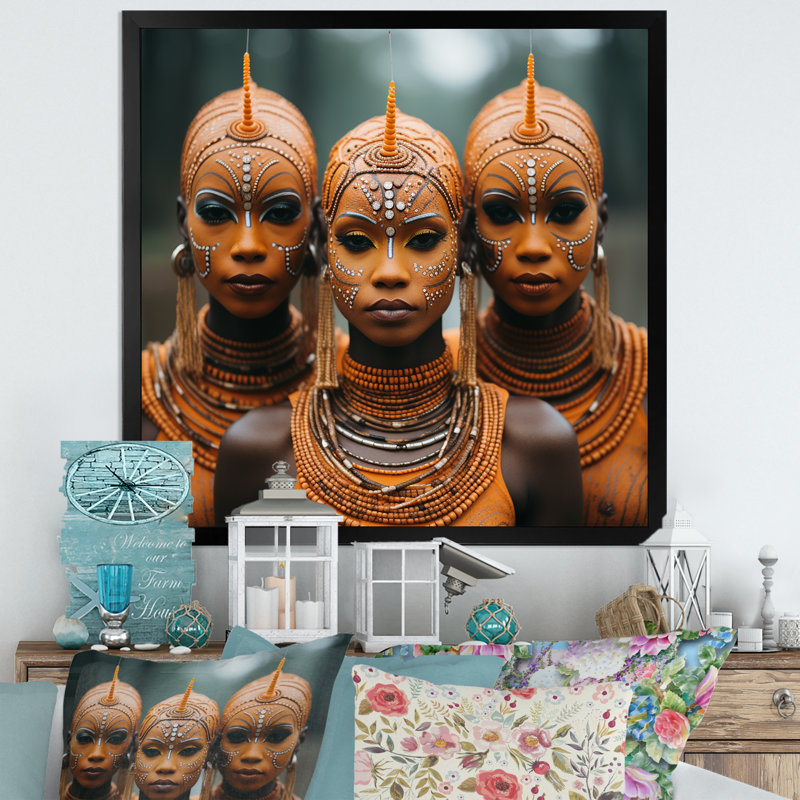 «African Women Tribal Essence» - Art mural tribal africain, Cadre photo noir, H 36 po x l 36 po x P 1,5 po