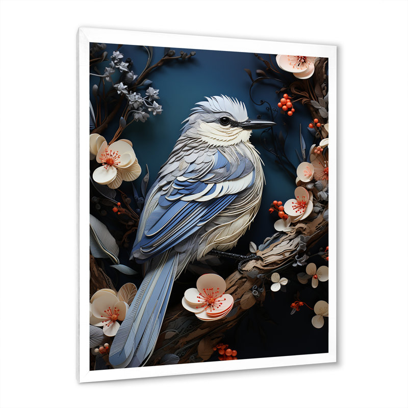 Oiseau nid surréel sur fleurs I - décoration murale oiseau, Cadre simple blanc, H 44 po x l 34 po x P 1,5 po