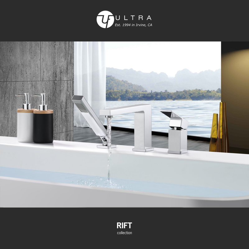 Rift Collection Two-Handle Deck-Mount 8.0 gpm Roman Tub Faucet with Pull-Out Hand Shower & Rough-In Valve - Chrome Polished